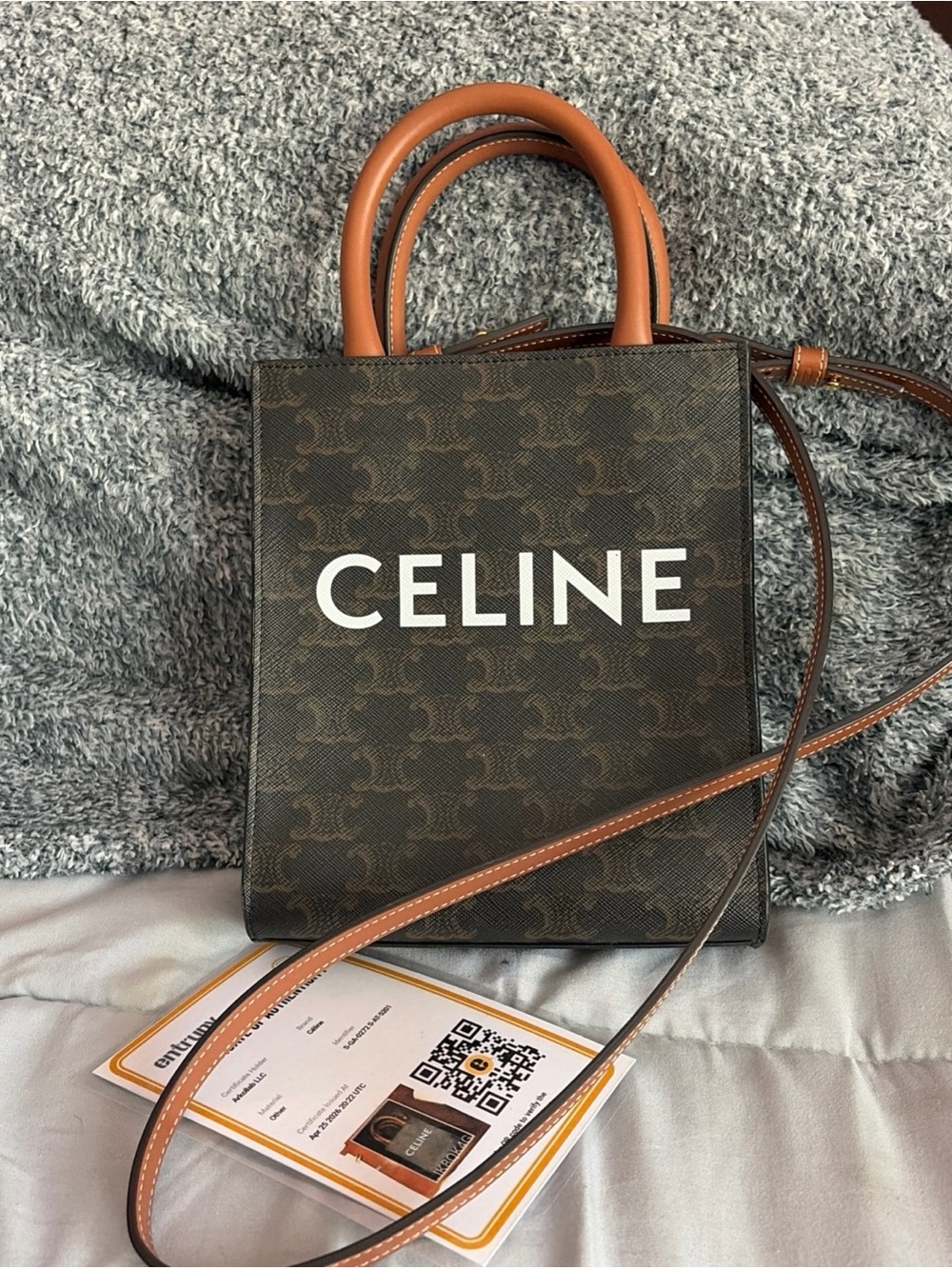 Celine Brown Monogram Crossbody Tote with Tan Handles